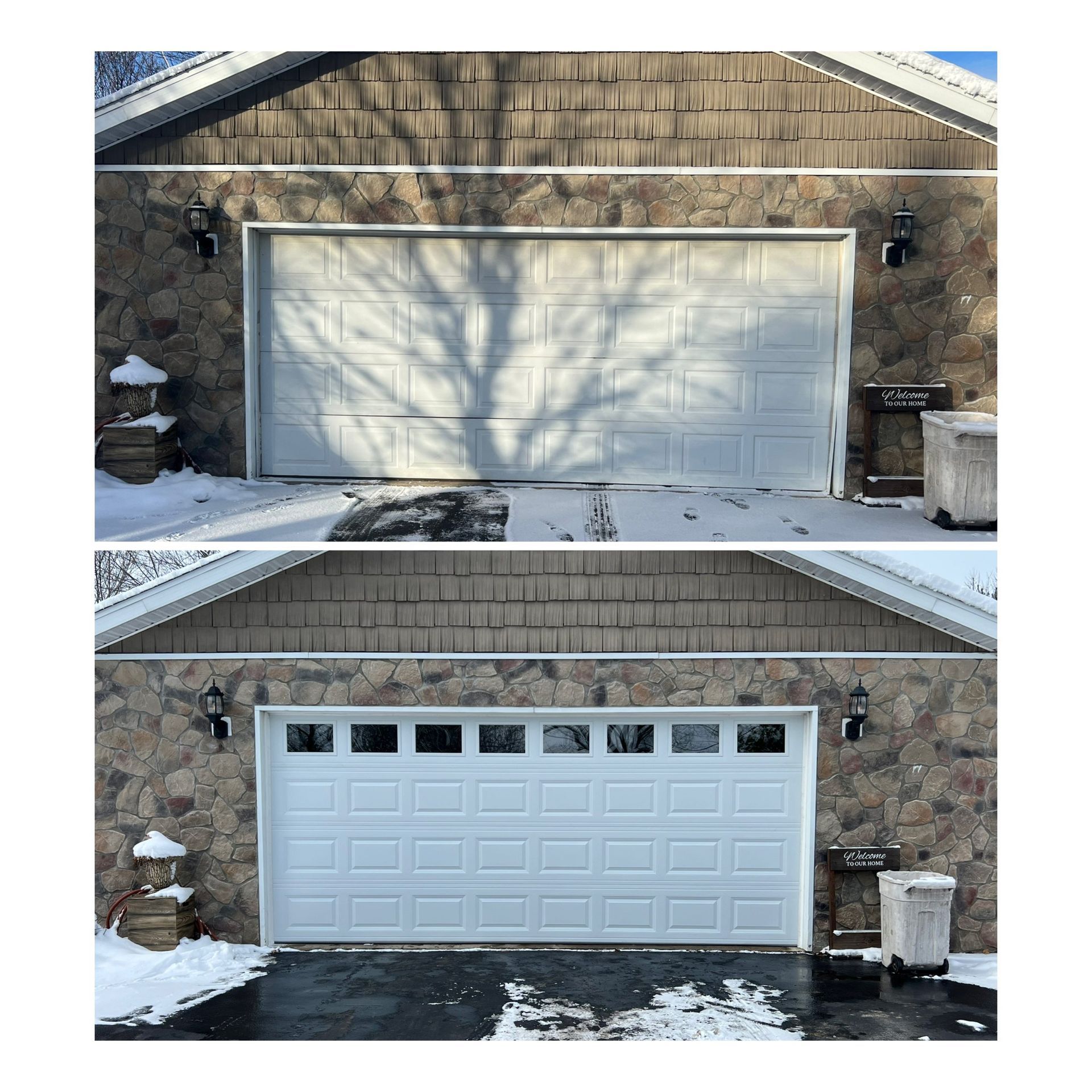 Before-and-after view of a garage door: top closed white door, bottom open white door with windows.