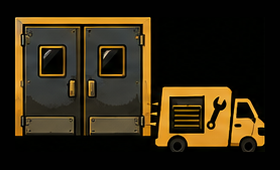 Yellow service van beside black double doors on a black background