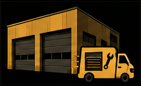 Yellow auto repair garage with a service truck icon in front