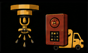 Gold security camera icon beside a red mobile surveillance camera on a yellow truck