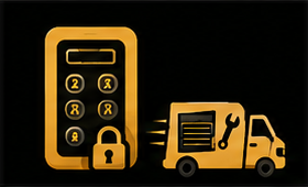 Gold icons of a keypad lock and a repair truck on black background