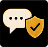 Chat bubble and gold shield with checkmark on black background