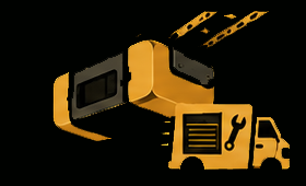 Yellow utility truck lifting a black box with a crane on a black background
