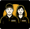 Two staff in black uniforms with yellow trim and “SUPERIOR” logos on a black and gold background