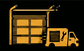 Yellow garage door with a delivery truck and wrench icon, suggesting repair or maintenance service