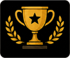 Golden trophy with a star, flanked by laurel branches on a black background