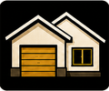 Stylized beige house icon with a garage and a black-framed window on a black background