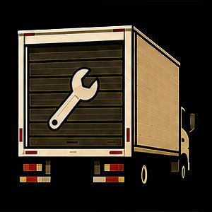 Illustration of a beige delivery truck with a large wrench icon on the rear door, on a black background