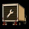 Illustration of a beige delivery truck with a large wrench icon on the rear door, on a black background