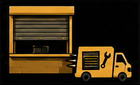 Yellow delivery truck beside a warehouse shutter, with tools and cargo icons on its side.