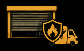 Yellow garage door, shield with flame icon, and small delivery truck on black background.