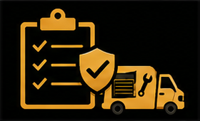 Orange clipboard checklist, shield, and delivery truck icon on black background