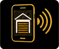 Gold smartphone with a house icon and wireless signal waves on a black background