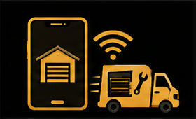 Gold icons of a smartphone, Wi‑Fi signal, and a delivery van with a garage symbol on a black background