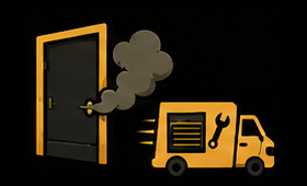Yellow service truck beside open black door with smoke, suggesting repair or access service