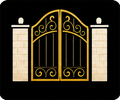 Gold ornamental gate between two white stone pillars on a black background