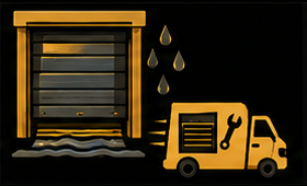 Yellow warehouse door with water leaks and a yellow repair truck beside it