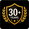 Gold 30+ Years shield emblem with laurel wreath and stars on black background