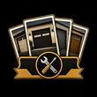 Logo with three garage doors, crossed wrench and screwdriver, and gold ribbon on black background