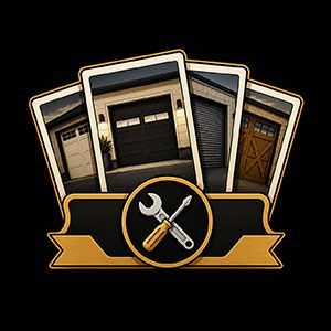 Logo with three garage doors, crossed wrench and screwdriver, and gold ribbon on black background