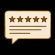 Gold speech bubble with five stars and review lines on a black background