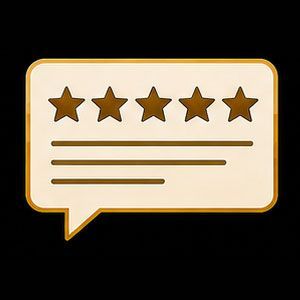 Gold speech bubble with five stars and review lines on a black background