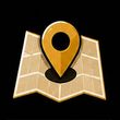 Gold location pin over a folded map icon on a black background