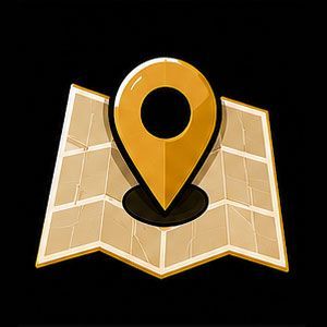 Gold location pin over a folded map icon on a black background