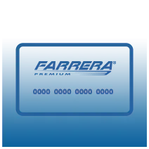 Tarjeta de crédito Blue Farrera Premium con logotipo en relieve y números de marcador de posición sobre un fondo degradado.