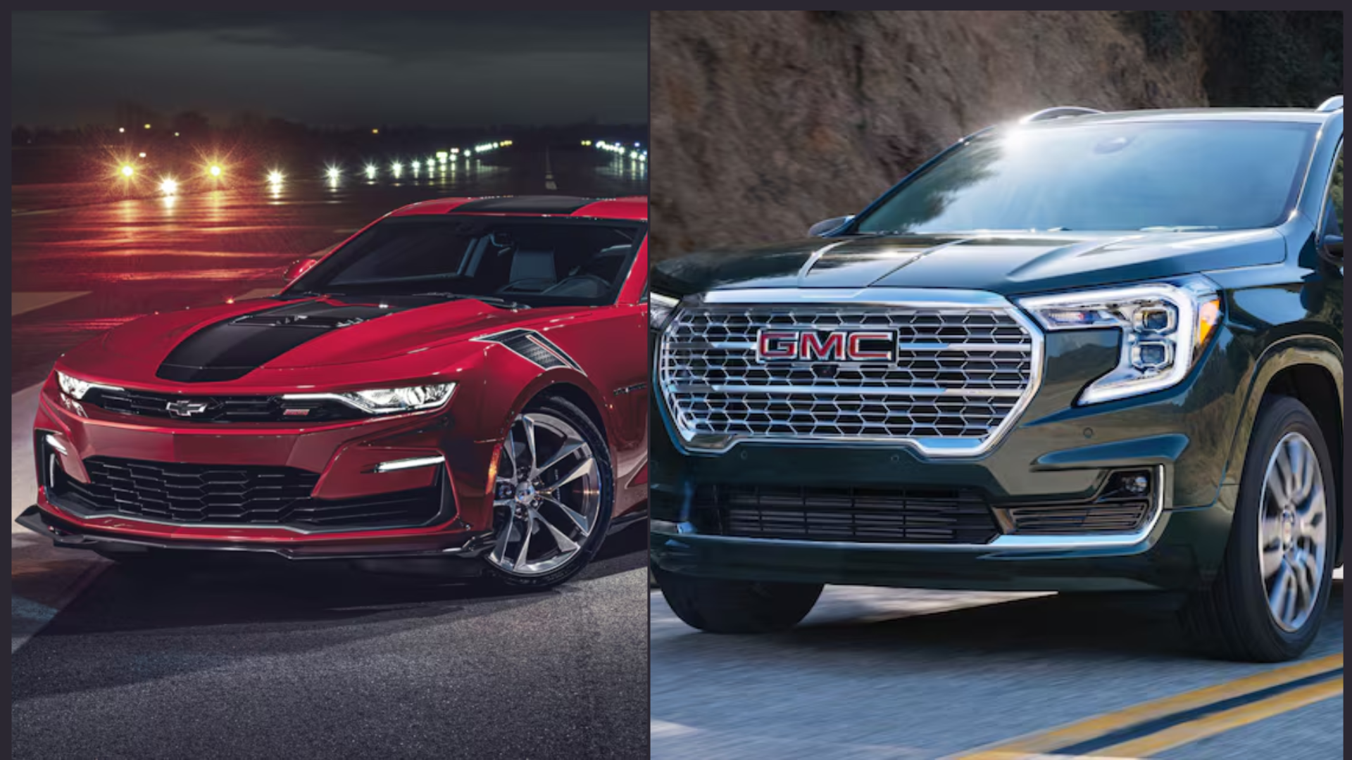 Sedán rojo de noche junto a un SUV GMC negro en una carretera, ambos mostrados en una comparación lado a lado.