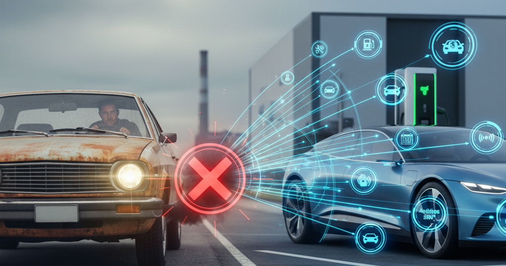 Un coche antiguo se acerca a una X roja, frente a un coche eléctrico azul conectado con iconos de seguridad digitales.