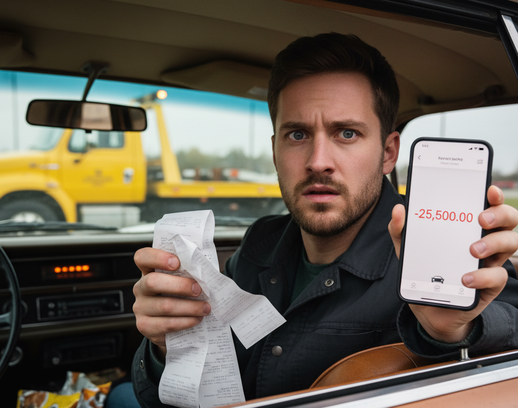 Un hombre en un coche sosteniendo un recibo y un teléfono que mostraba 20.000 dólares, con una camioneta amarilla afuera.