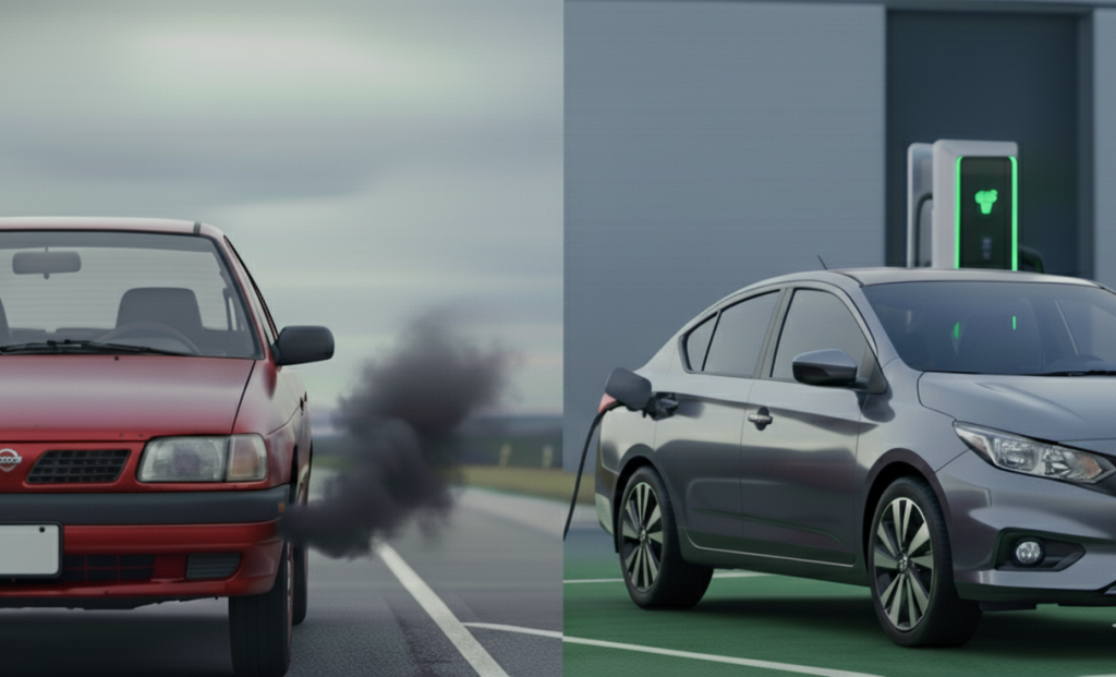 Un coche rojo y un SUV gris circulan por la carretera, con humo negro entre ellos, cerca de una estación de carga.