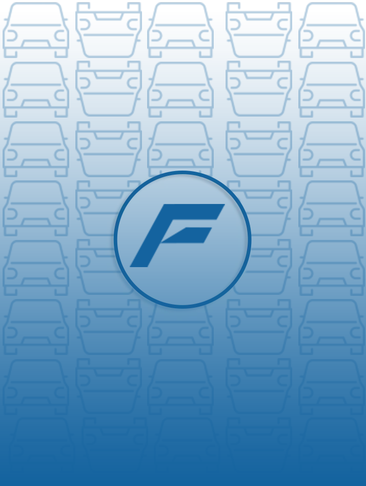 Logotipo azul con una “F” estilizada dentro de un círculo sobre un fondo azul claro con estampado.