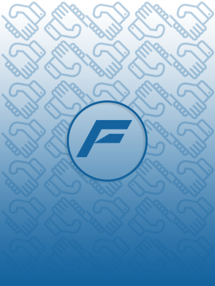 Fondo azul degradado con iconos de apretón de manos repetidos y un logotipo circular que contiene una F