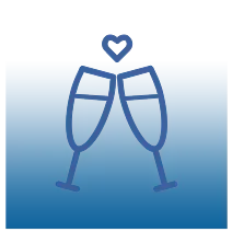 Dos copas de champán azules tintineando con un pequeño corazón encima sobre un fondo azul degradado.