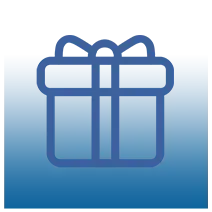 Icono de caja de regalo azul con cinta y lazo sobre un fondo degradado de blanco a azul.