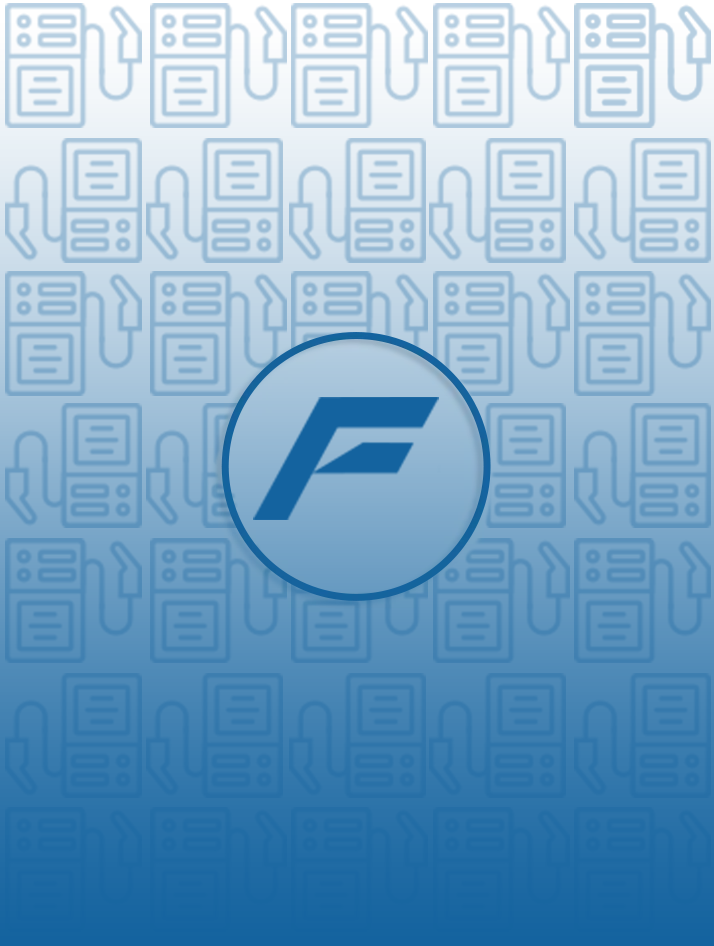 Fondo azul degradado con un logotipo circular centrado que contiene una “F” estilizada e iconos de aplicaciones tenues.