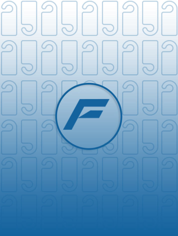 Fondo azul degradado con patrón repetitivo y un logotipo circular con la letra F centrado.