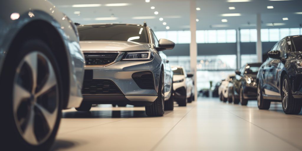 Fila de coches en una luminosa sala de exposición de un concesionario, con un SUV plateado centrado en primer plano.