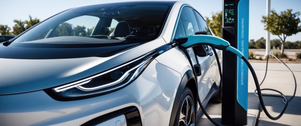 Carga de un coche eléctrico en una estación al aire libre; primer plano de la parte delantera de un SUV azul.