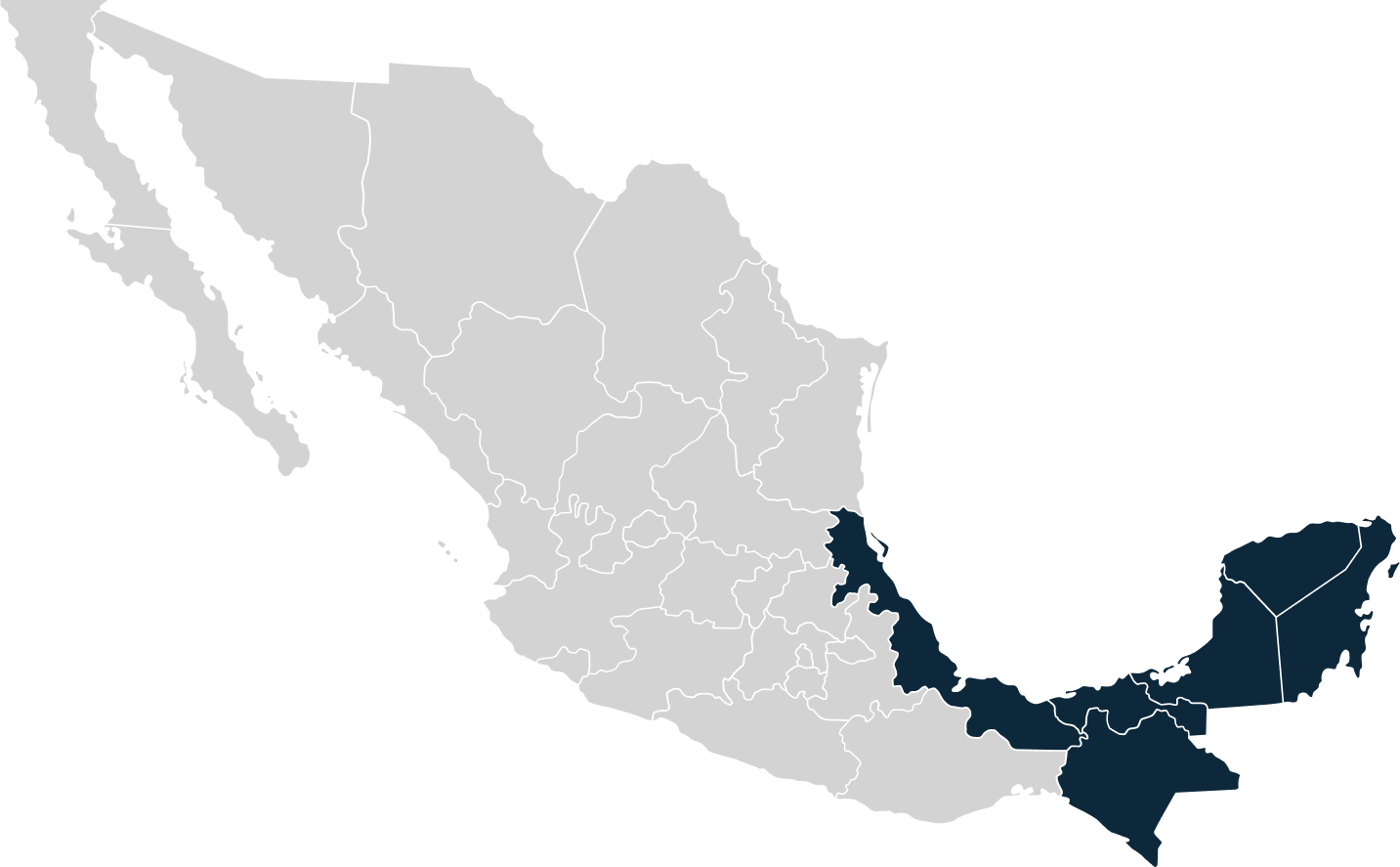 Mapa de México con varios estados del sureste resaltados en azul oscuro sobre un fondo gris claro.