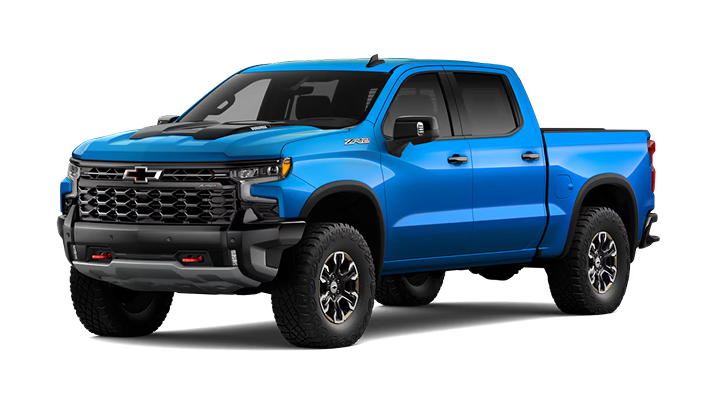 Camioneta azul sobre fondo blanco, vista frontal en ángulo