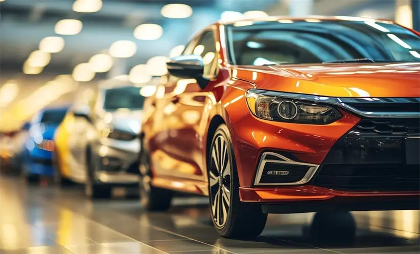 Coche naranja en un aparcamiento, con vehículos y luces borrosos al fondo.