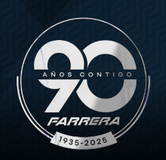 Logo conmemorativo circular de Farrera en blanco y azul, “90 años contigo”, 1935–2025.