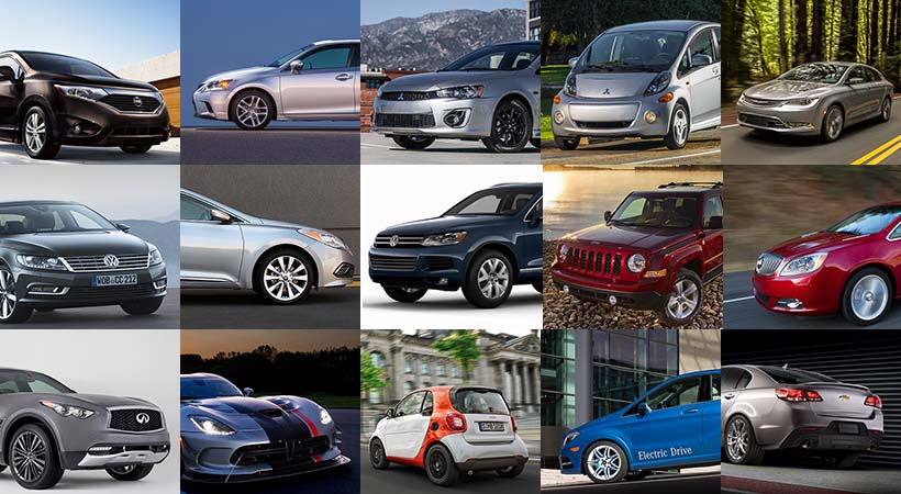 Collage de 12 coches de varios colores y estilos, incluyendo sedanes, SUV y coches deportivos.