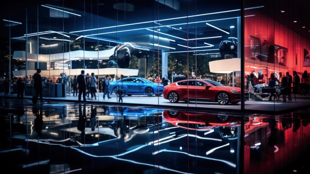 Una sala de exposición de coches iluminada con luces de neón, con gente reunida alrededor de dos coches