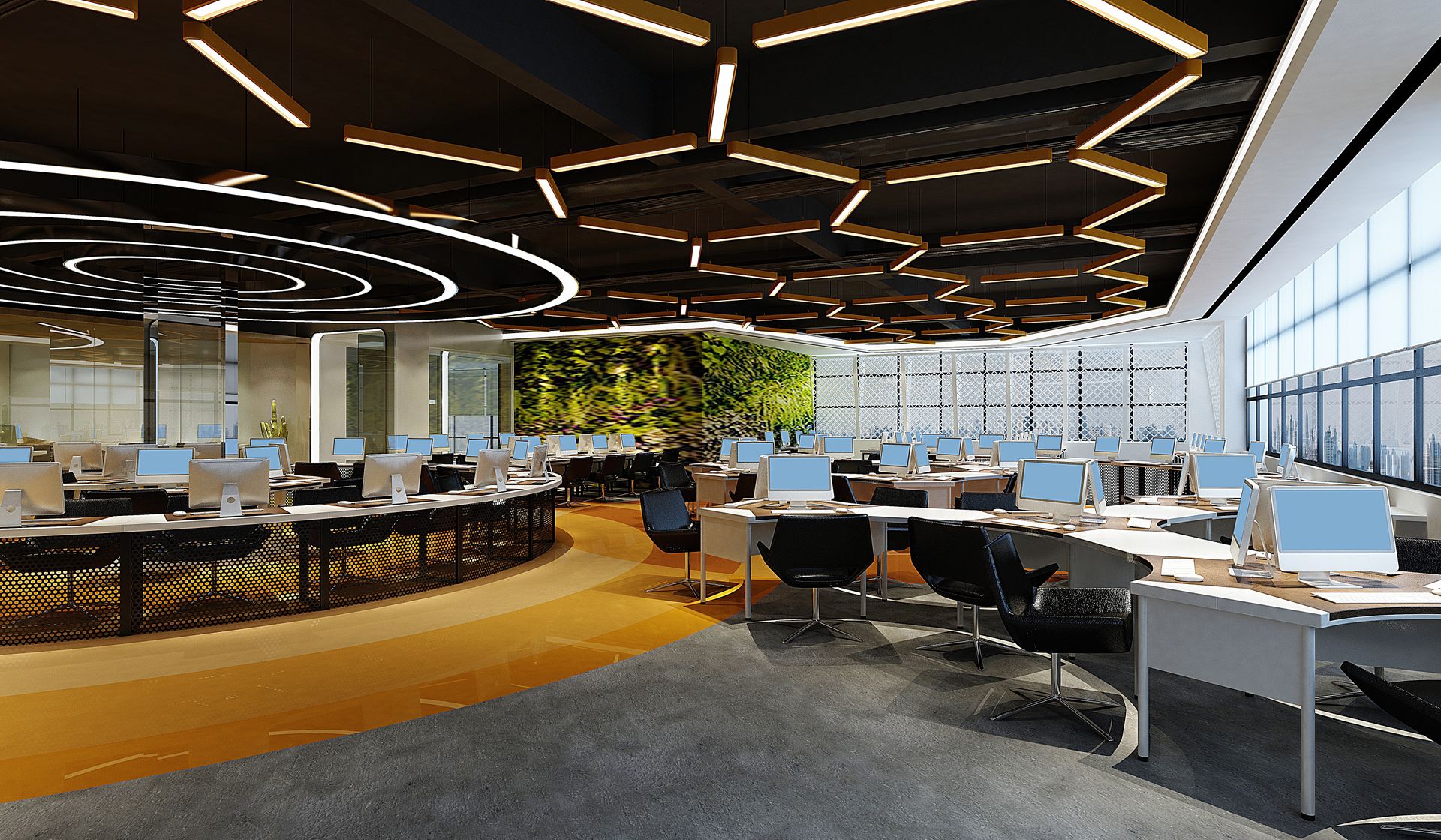 Modern office space with curved workstations, hexagonal ceiling lighting, and a green living wall.