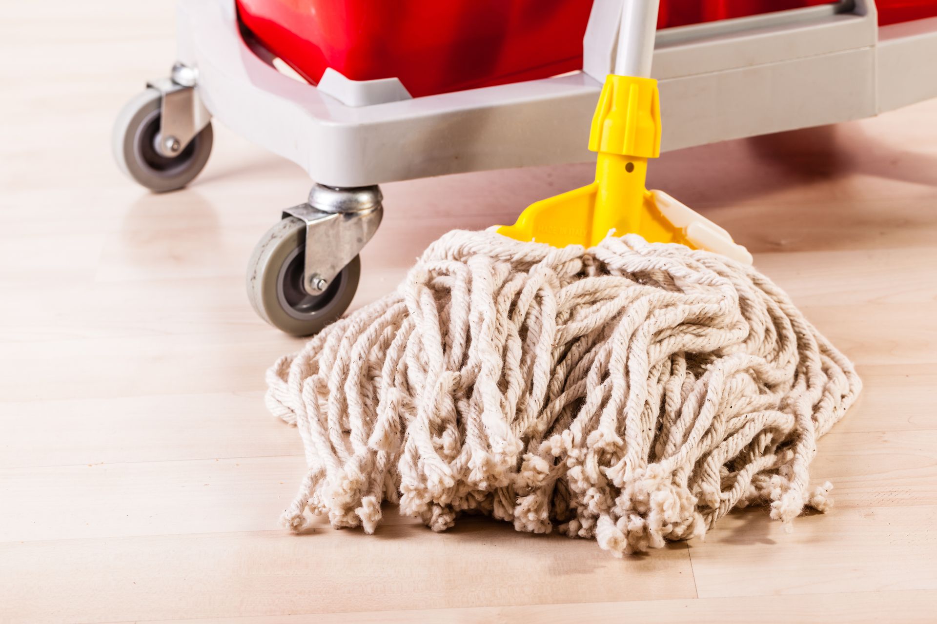 A wet mop with a yellow head and a white corded mop head resting on a wooden floor in front of a red cleaning bucket.