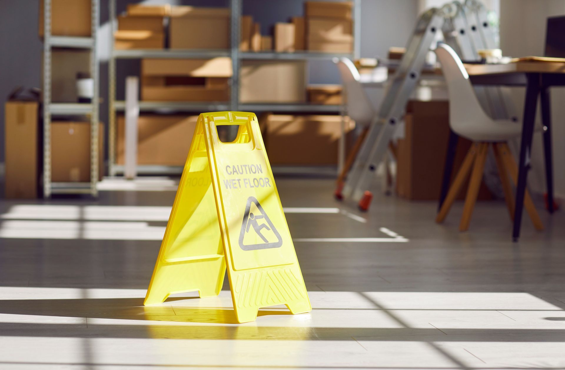 A yellow wet floor warning sign stands on a bright office floor near storage shelves and a desk with a ladder.